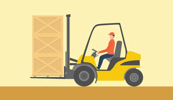 Forklift goods container on the warehouse with man driving the yellow fork lift — Stock Vector