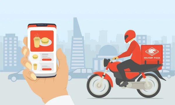 Entrega Rápida Alimentos Com Aplicativos Motocicleta Smartphone Com Silhueta Fundo —  Vetores de Stock