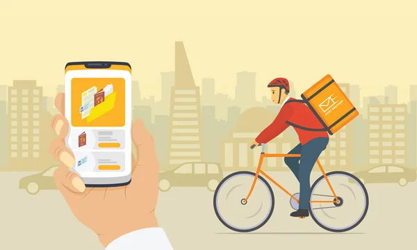 File corriere consegna documenti con applicazioni per smartphone per servizi di consegna con sfondo urbano - vettore — Vettoriale Stock