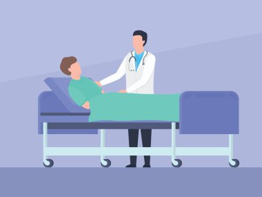 Doktor hastaları muayene ediyor. İyileşme sürecinde. Yatakta düz bir şekilde yatıyor.