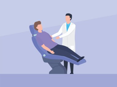 Dişçi ve hastalarla diş bakımı basit bir düz stil ile yatakta oturur.