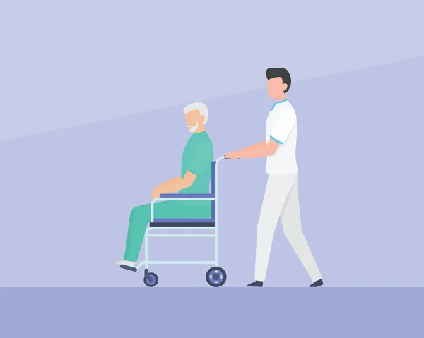 Enfermera caminar con pacientes discapacidad con silla de ruedas con estilo plano simple — Vector de stock