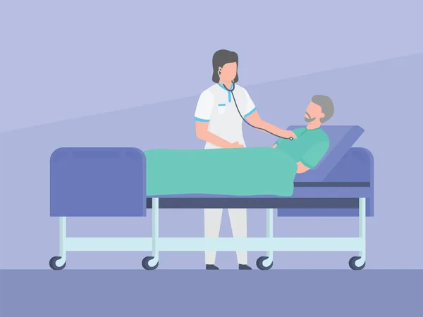 Sjuksköterska kontrollera patienter med stetoskop som ligger på sängen med enkel platt stil — Stock vektor