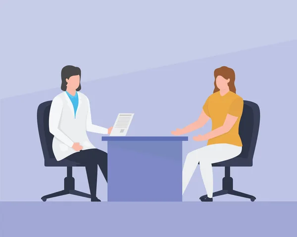 Orvos konzultáció a betegekkel ülni szék szoba egyszerű lapos stílusban — Stock Vector
