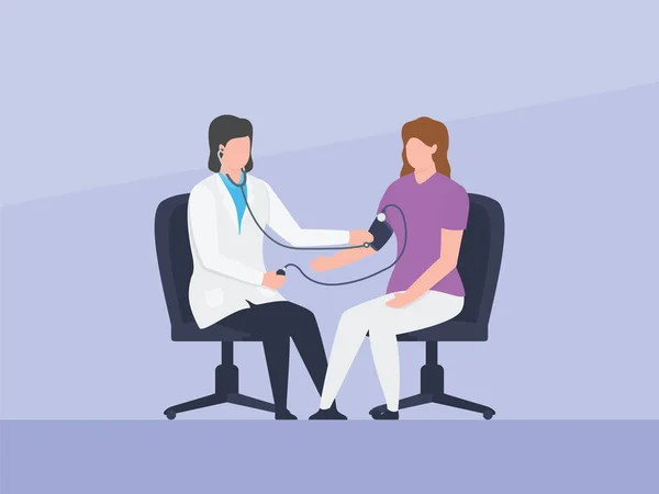 Mujer médico comprobar tensión presión arterial sentarse juntos para la consulta con el estilo plano simple — Vector de stock