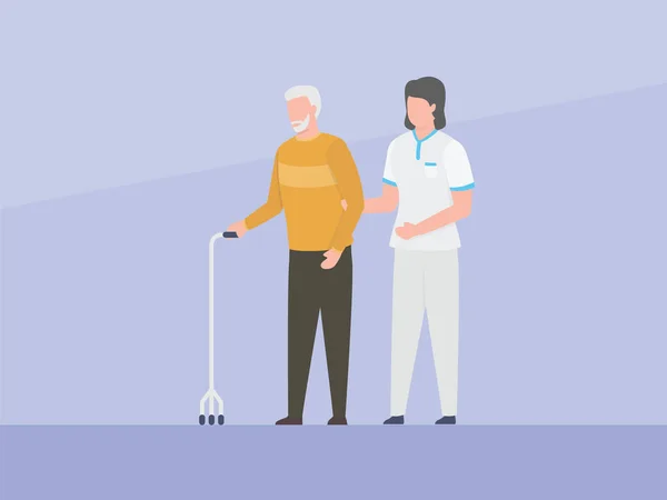 Zdravotní sestra asistent pomoc starý muž nebo starší chodit s jednoduchým plochým konceptem — Stockový vektor