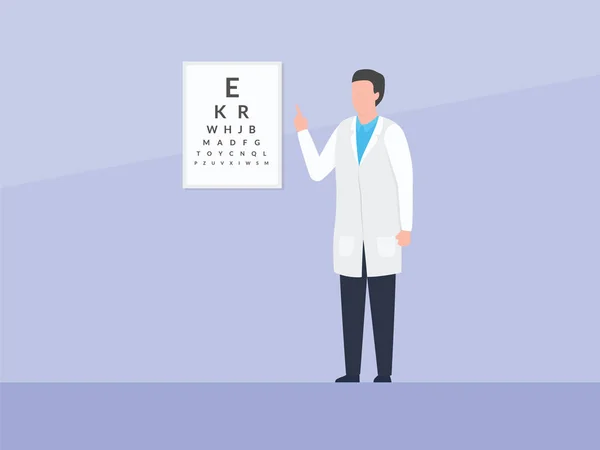 Ophthalmology doctor check human eyes condition with alphabet board number with simple flat style — 스톡 벡터