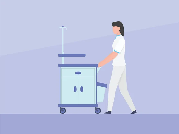 Sjuksköterska push vagn låda skåp vagn med medicinska instrument grejer med enkel platt stil — Stock vektor