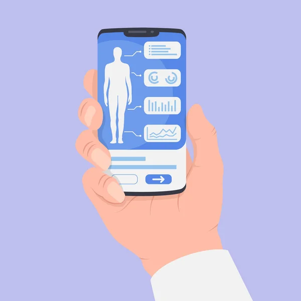 Mano mantenga aplicaciones de teléfonos inteligentes médicos con datos del cuerpo humano reporta datos de análisis con estilo plano — Archivo Imágenes Vectoriales