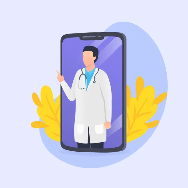 Aplicación médica en línea con el hombre médico en la pantalla del teléfono inteligente con estilo plano moderno — Archivo Imágenes Vectoriales