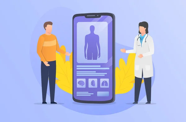 Consulta médica con datos digitales en la aplicación de pantalla de teléfono inteligente para registros médicos con estilo plano — Archivo Imágenes Vectoriales