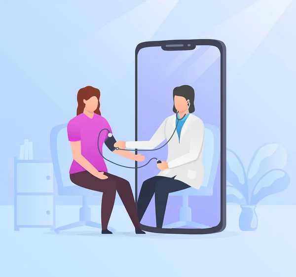 Online medical consultation with female doctor and patients and modern background flat style — Stok Vektör