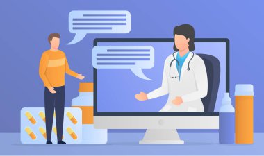 online doctor consultation concept with patient discussion via computer desktop screen with modern flat style