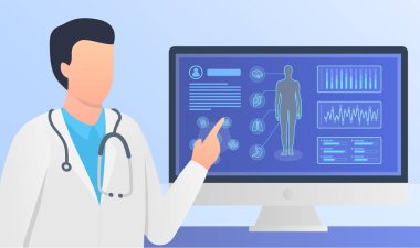 doctor give analysis or explanation with human body medical reports on computer screen