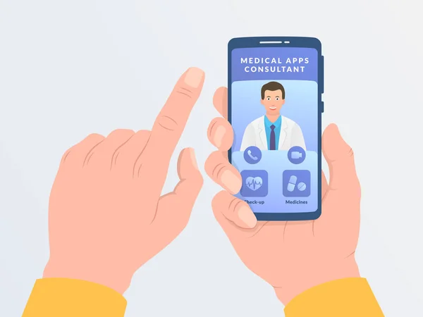 Consultas médicas en línea con el concepto médico con el teléfono inteligente de mano de estilo plano moderno — Archivo Imágenes Vectoriales