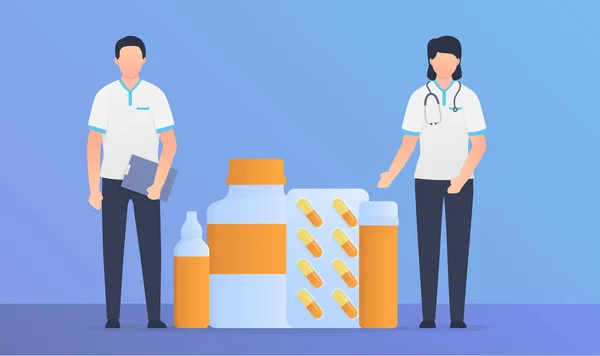 Nurse man and woman standing with drug pills and capsule with modern flat style — Stock vektor