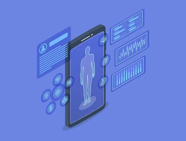 Emberi test adatok infografika okostelefon app modern izometrikus stílusban — Stock Vector