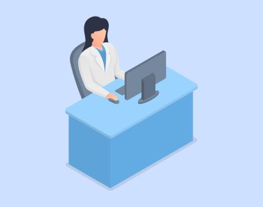 doctor read data analysis on computer screen sit on chair with isometric modern style