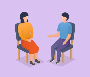 man and woman discussion sharing session on chair with modern isometric style