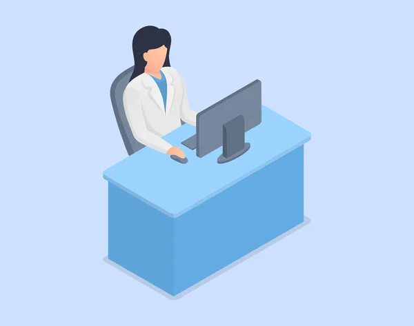 Doctor read data analysis on computer screen sit on chair with isometric modern style — 스톡 벡터