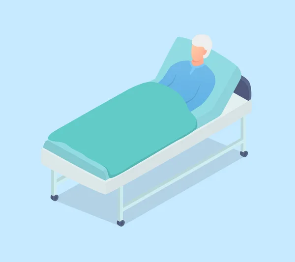 Старий пацієнт спить на ліжку з сучасним ізометричним стилем — стоковий вектор