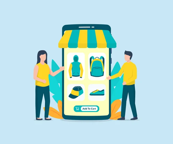 Mobile commerce apps with smartphone and couple man and woman with modern tone color — 스톡 벡터