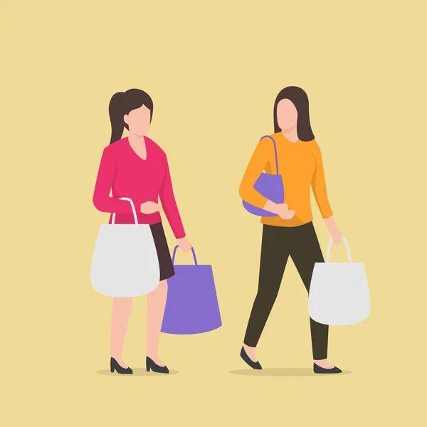 Dos mujeres de compras caminando y discutiendo entre sí con bolsa de compras — Archivo Imágenes Vectoriales