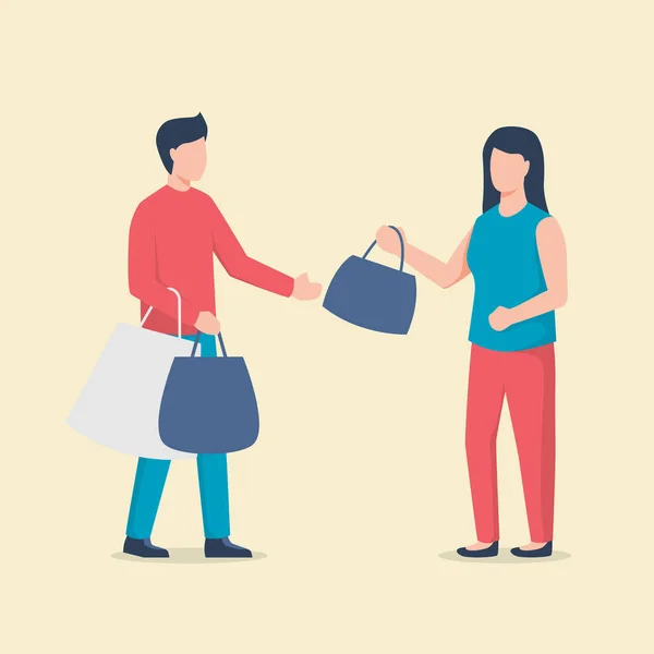 Para mężczyzna i kobieta zakupy z wielu zakupy torebki izolowane — Wektor stockowy