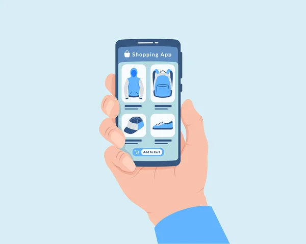 App compras on-line com ícone de comércio eletrônico e mão segurando smartphone —  Vetores de Stock