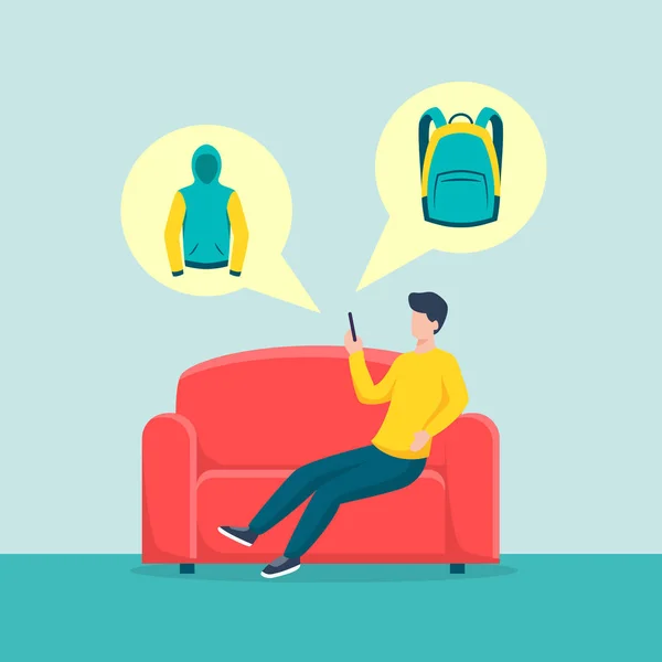 Happy man shopping from home with mobile phone ecommerce sit on sofa with product icon — Stock Vector