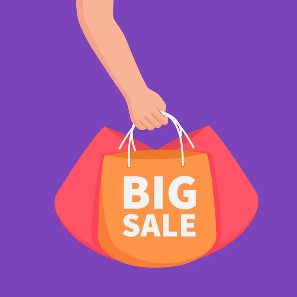 Grande conceito de venda com mão segurando sacos de compras para banner modelo ou elemento de propaganda — Vetor de Stock