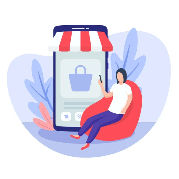 Frau sitzt auf Bohnenstuhltasche für mobiles Shopping-Home-Konzept mit modernem flachen Stil — Stockvektor