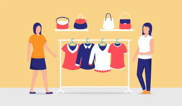 Zwei Frauen wählen Kleidungsstücke, die sie im Kleiderschrank tragen — Stockvektor