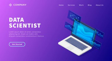 İnternet sitesi şablonu ya da ana sayfa vektörünü analiz etmek için dizüstü bilgisayarı ve grafik ve grafiği olan veri bilimci kavramı
