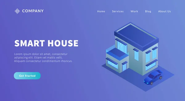 ウェブサイトのテンプレートやランディングホームページのベクトルのためのアイソメトリックスタイルの大きな家現代と車とスマートハウスの概念 — ストックベクタ