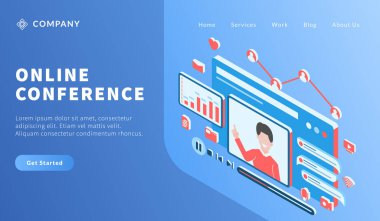 Web sitesi şablonu ya da ana sayfa vektörü için erkek öğretmenlik dersi veren çevrimiçi video konferansı