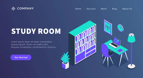 带书架和桌上型工作空间笔记本电脑的学习室概念 用于网站模板或登陆主页向量 — 图库矢量图片