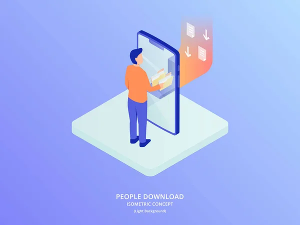 Mobile Download Concept Man People Standing Pobieranie Treści Przez Wektor — Wektor stockowy