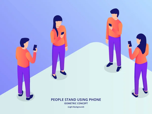 People Use Smartphone Various Position Man Woman Isometric Style Vector — Stock Vector