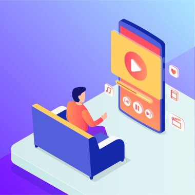 akıllı telefonlu ev eğlencesi kanepede oturup online video vektörü izliyor.