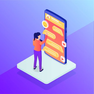 Akıllı telefon ve ayakta duran kadın vektörüyle çevrimiçi sohbet veya mesajlaşma