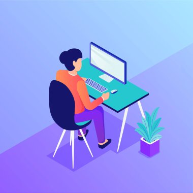 Kadın bilgisayarla çalışıyor. Sandalyeye modern izometrik stil vektörüyle oturuyor.