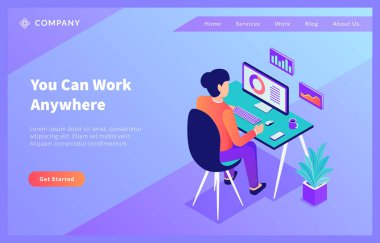 Web sitesi şablonu ya da ana sayfa vektörü için herhangi bir yerden ev ofisi çalışması