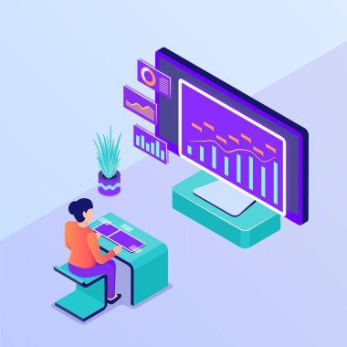 büyük ekran veri raporuna sahip çalışma alanı konsepti izometrik biçim vektörü ile ar ile görselleştirme