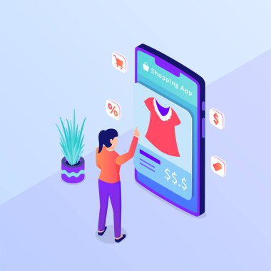 Çevrimiçi alışveriş ürün ekommerce kadın giysileri izometrik biçim vektörü ile akıllı telefonda