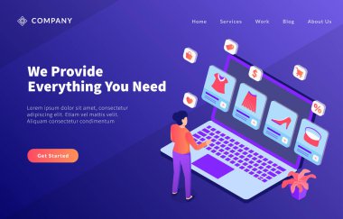 Web sitesi şablonu veya ana sayfa vektörü için çeşitli ürün hizmetleri ile ekommerce iş tanıtımı