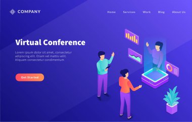 Web sitesi şablonu ya da ana sayfa vektörü için hologram teknolojisi ile sanal konferans