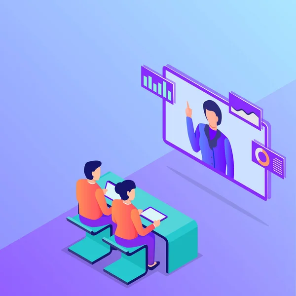 Konferencja Online Business Meeting Concept People Watch Monitor Isometric Flat — Wektor stockowy