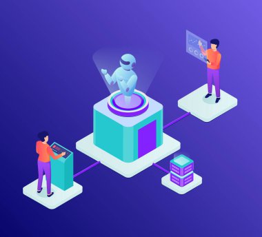 ai yapay zeka geliştirme konsepti robot ve insanlar izometrik biçim vektörü ile geliştiriyor