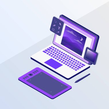 Dizüstü bilgisayarlı grafik tasarımı veya tasarım kavramı ve izometrik biçim vektörü ile kalem tableti araçları çizimi